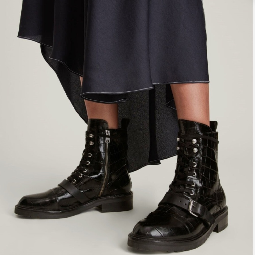 ALL SAINTS Donita Crocodile Leather Boots - Black - UK 6/US 9/EU 39